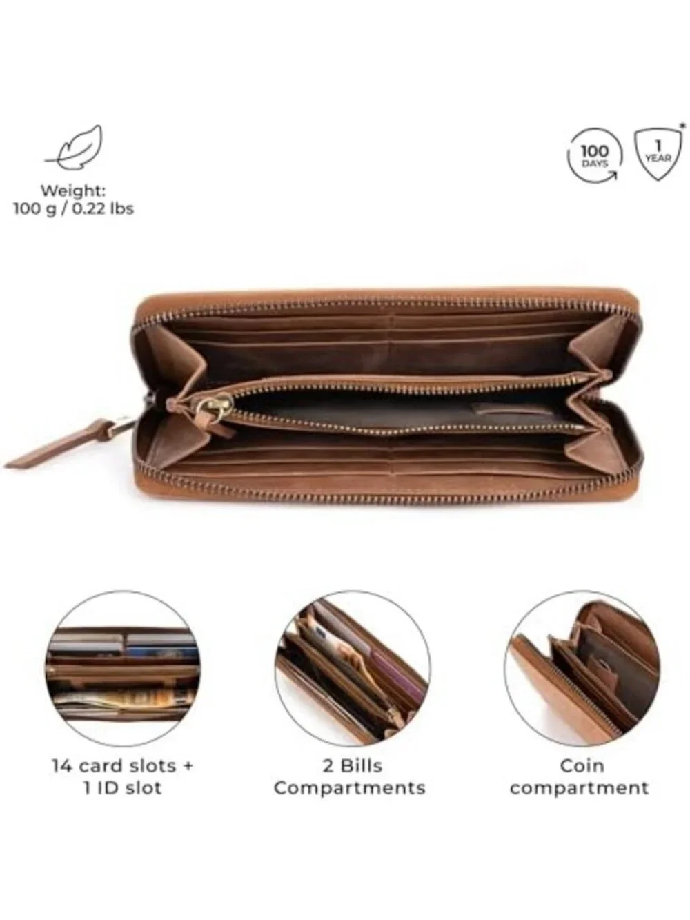 Genuine Leather Zip Wallet for Women, Stylish Brown Palma Design, Gift-Ready